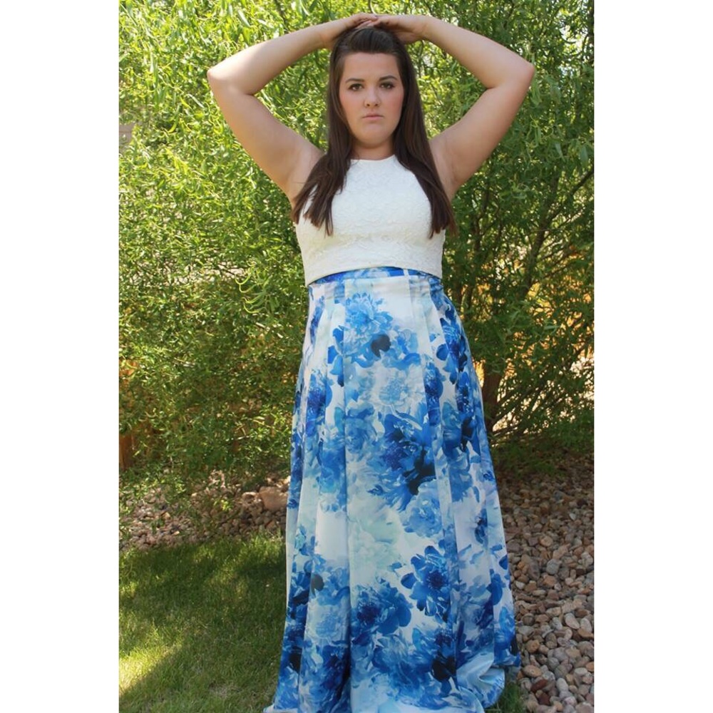 Two-Piece Floral Skirt with White Lace Top Prom